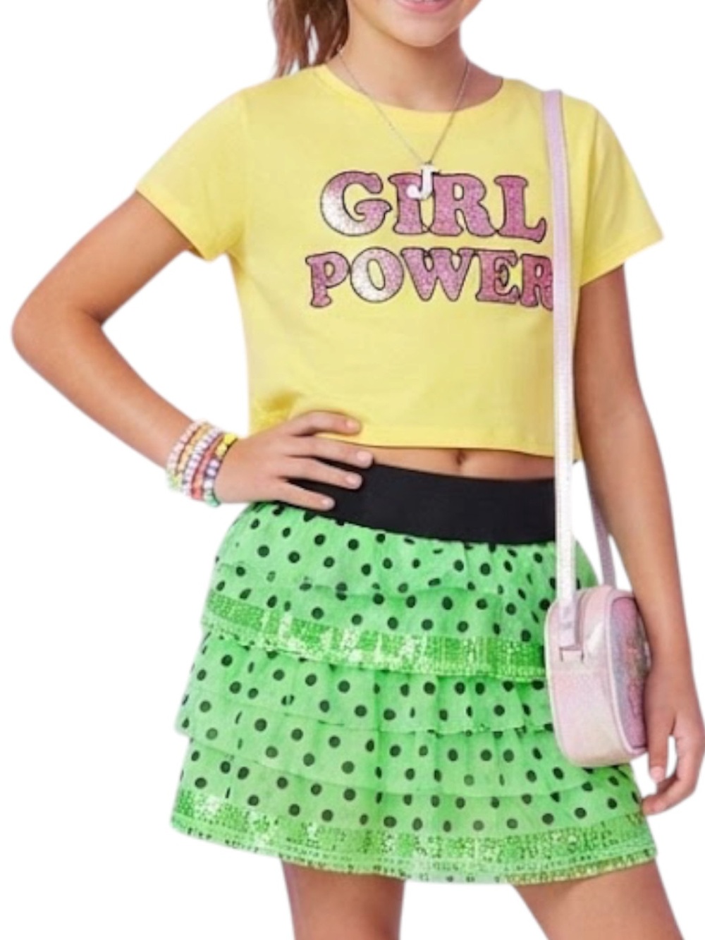 JUSTICE Girls Neon Green Polka Dot Sequin Tiered Skater Skirt Size 7